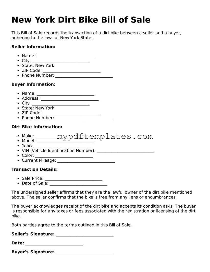 Free New York Dirt Bike Bill of Sale Template