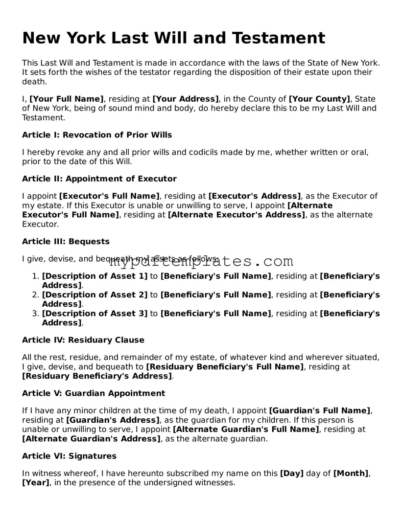 Free New York Last Will and Testament Template