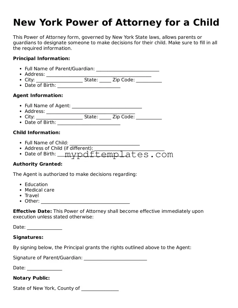 Free New York Power of Attorney for a Child Template