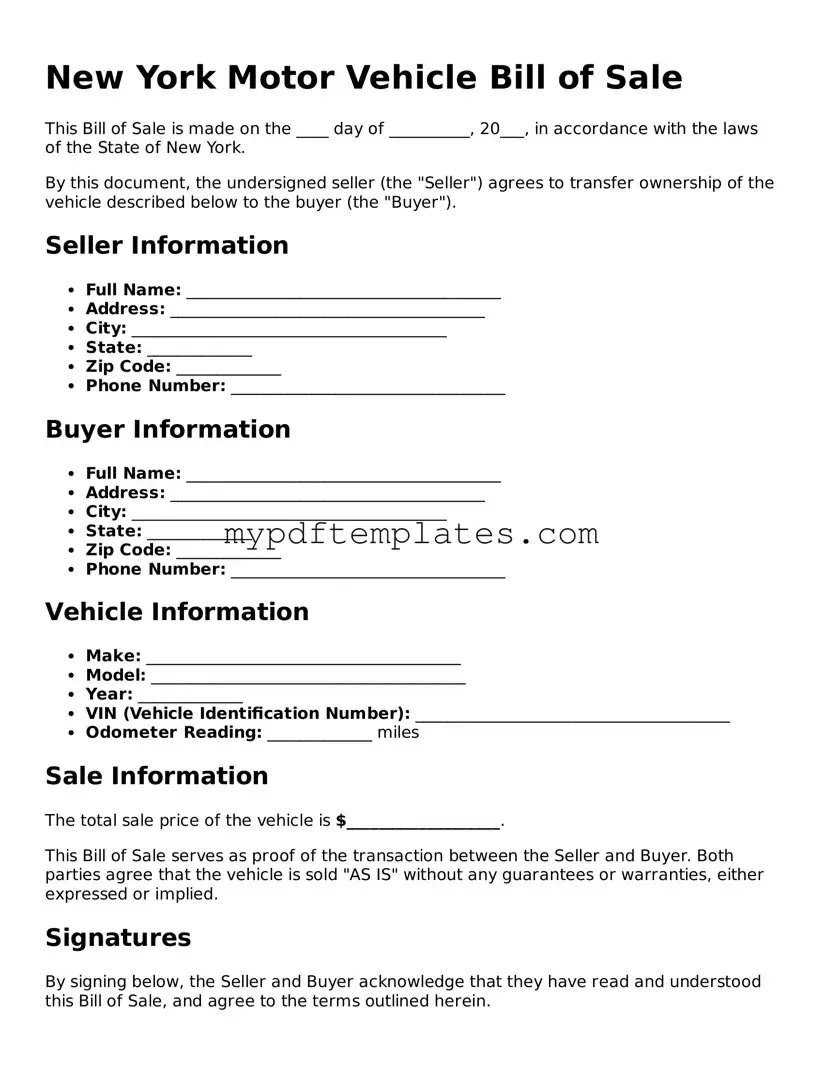 Free New York Motor Vehicle Bill of Sale Template