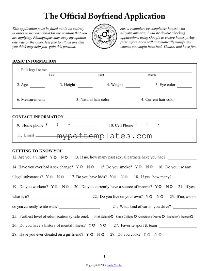 Fill Your Boyfriend application form Template