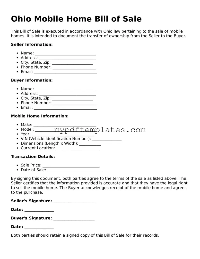 Free Ohio Mobile Home Bill of Sale Template