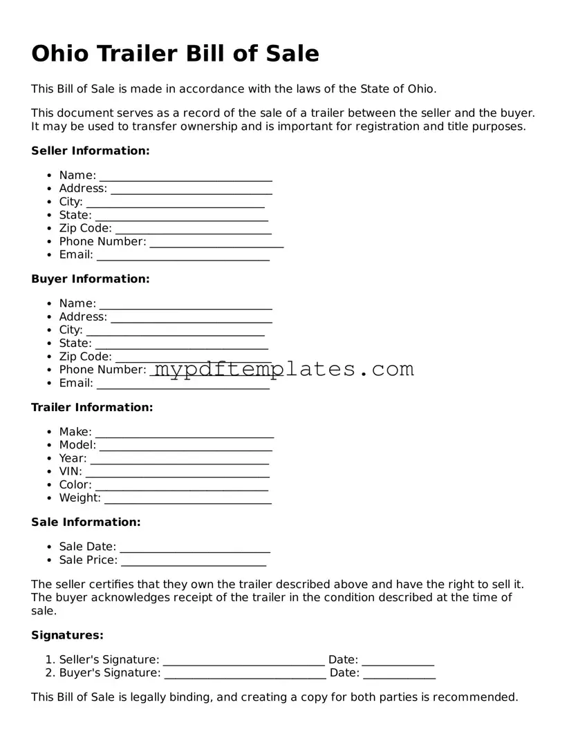 Free Ohio Trailer Bill of Sale Template