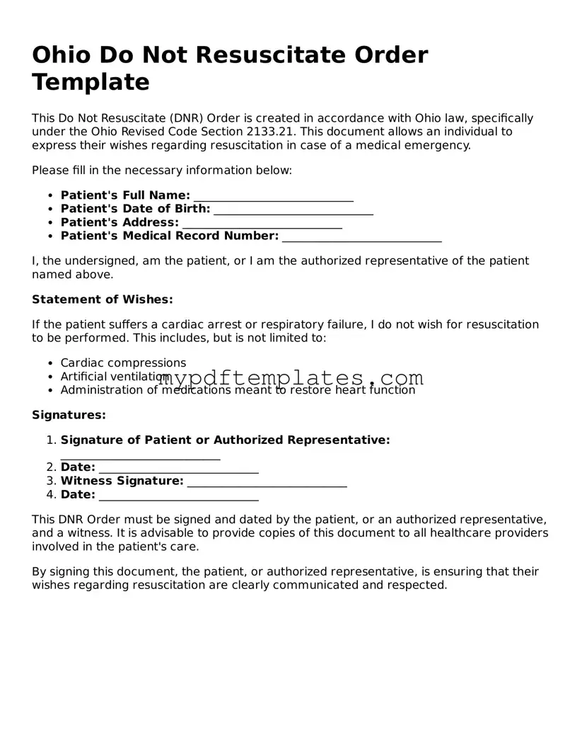 Free Ohio Do Not Resuscitate Order Template