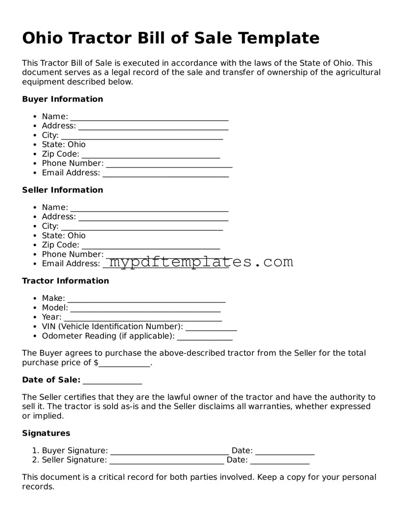 Free Ohio Tractor Bill of Sale Template