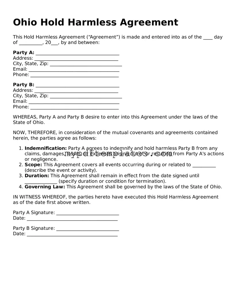 Free Ohio Hold Harmless Agreement Template