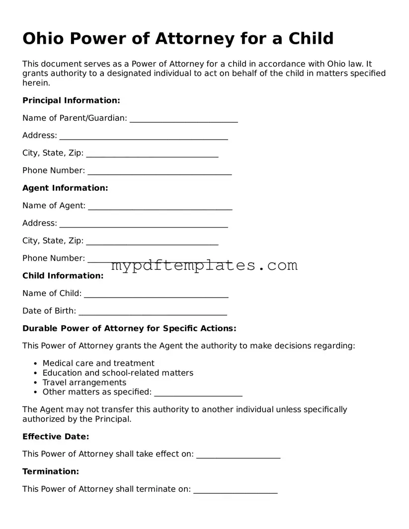 Free Ohio Power of Attorney for a Child Template
