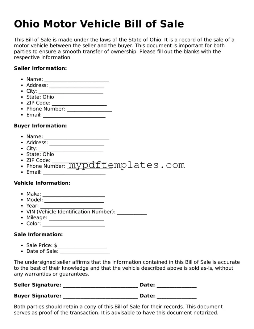 Free Ohio Motor Vehicle Bill of Sale Template