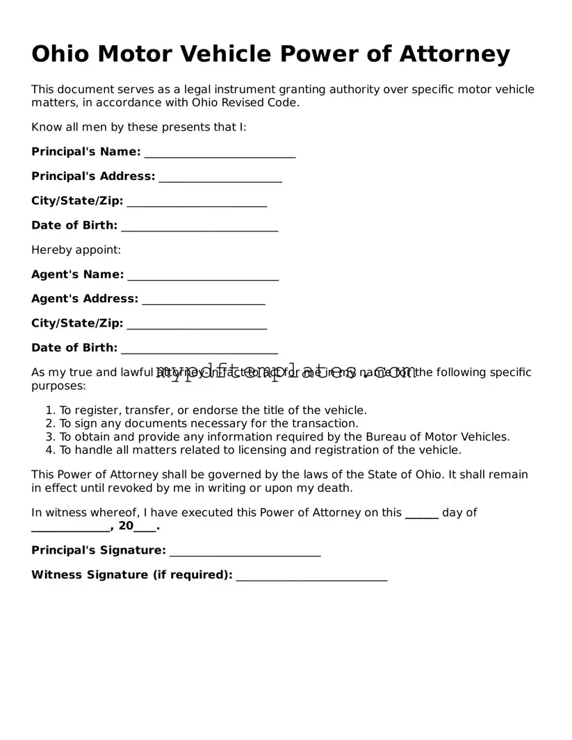 Free Ohio Motor Vehicle Power of Attorney Template