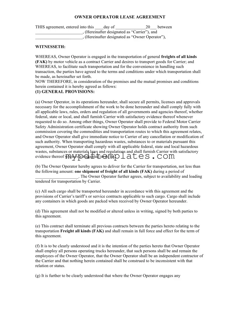 Fill Your Owner Operator Lease Agreement Template
