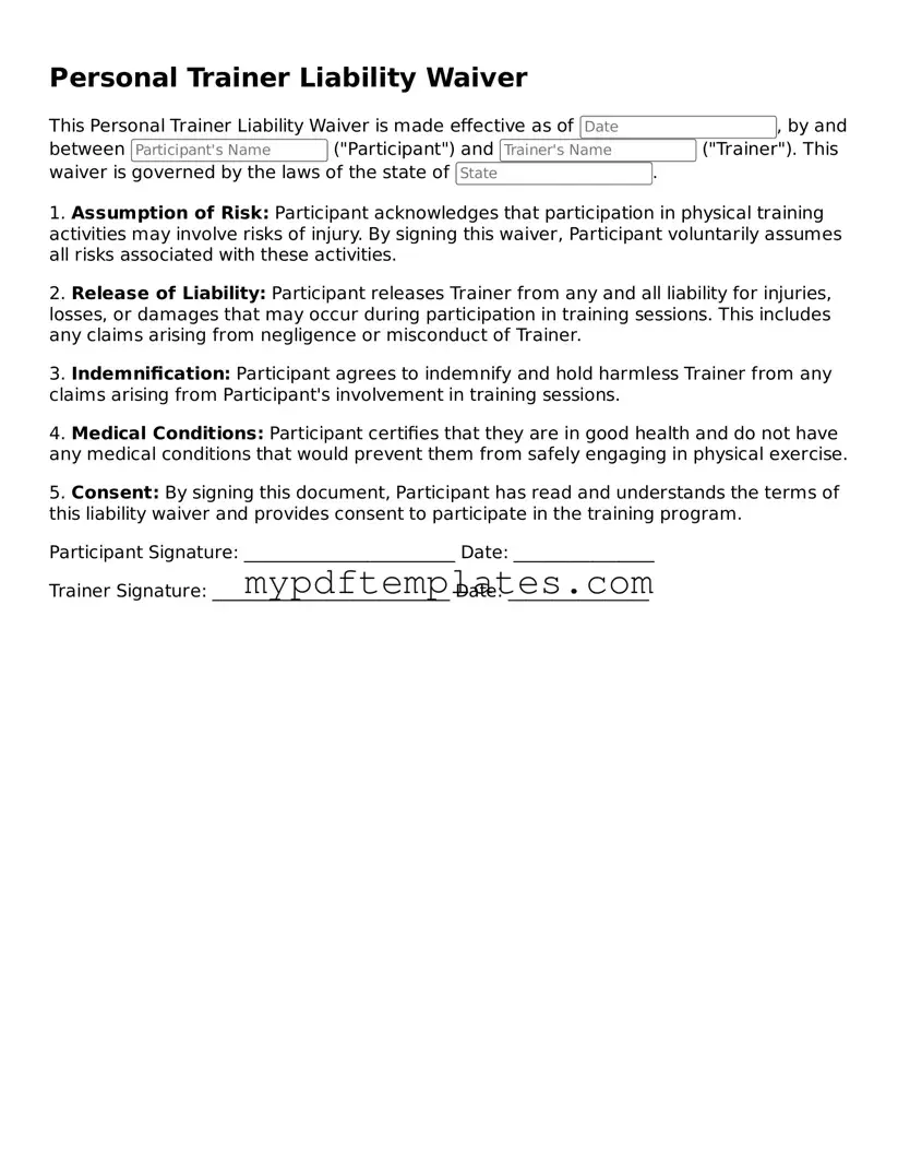 Blank Personal Trainer Liability Waiver Form