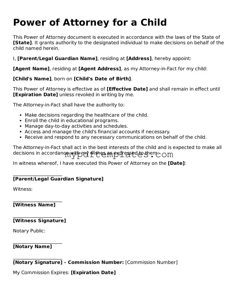 Blank Power of Attorney for a Child Form