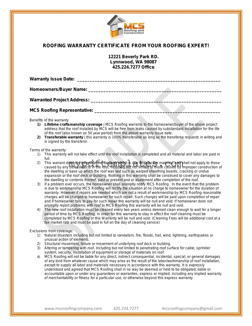 Fill Your Roofing Warranty Certificate Template