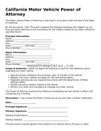 Free California Motor Vehicle Power of Attorney Template