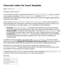 Blank Character Letter for Court Form