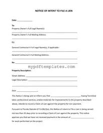 Fill Your Intent To Lien Florida Template