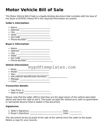 Blank Motor Vehicle Bill of Sale Form