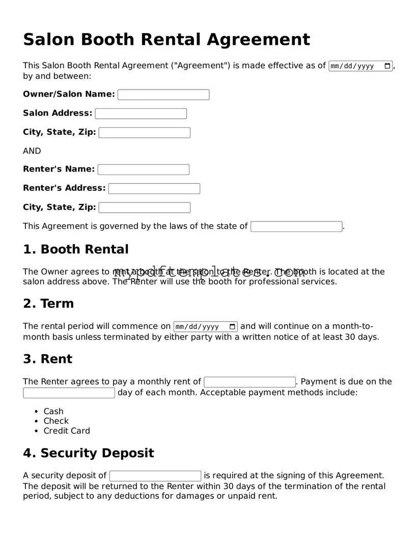 Blank Salon Booth Rental Agreement Form