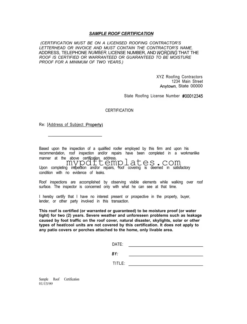 Fill Your Sample Roof Certification Template