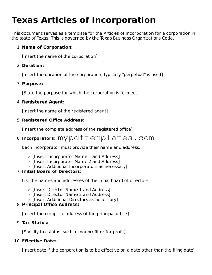 Free Texas Articles of Incorporation Template