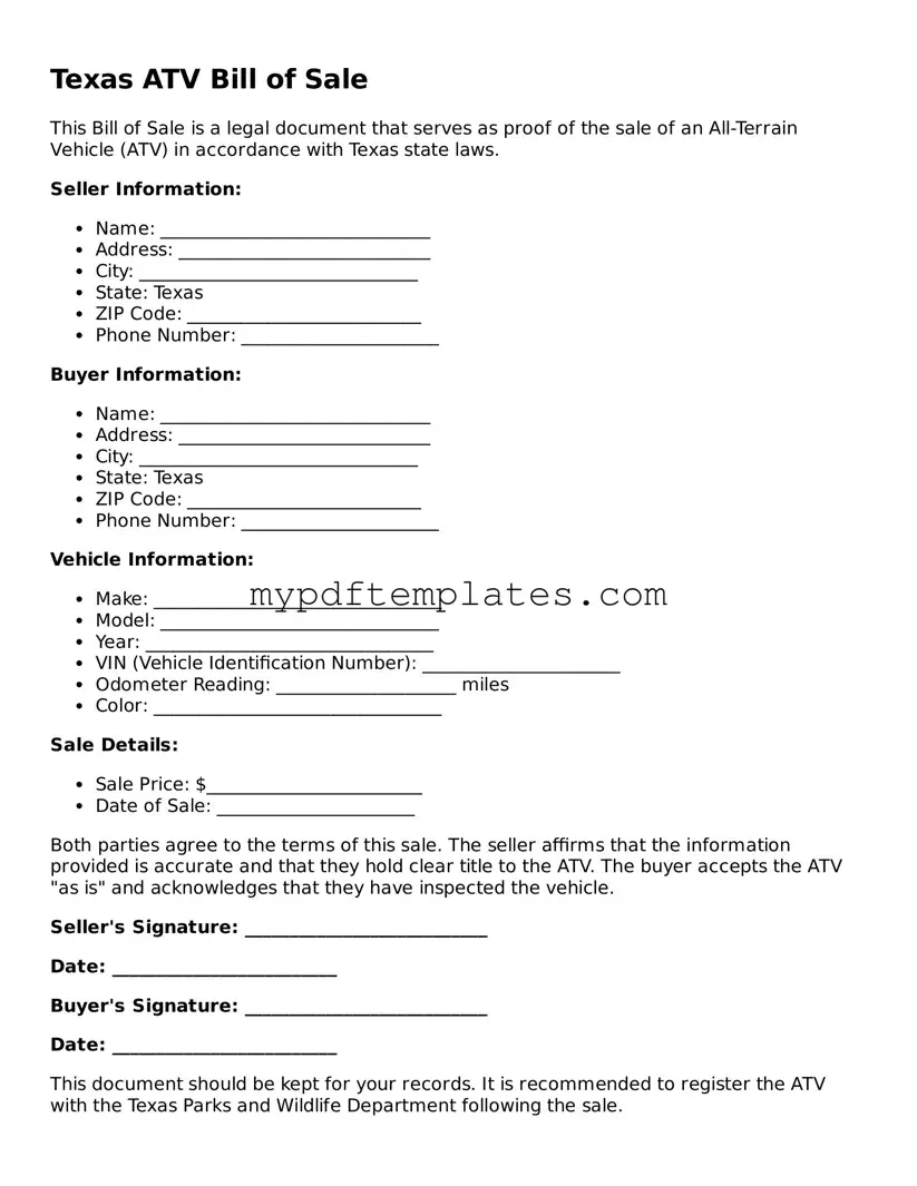 Free Texas ATV Bill of Sale Template