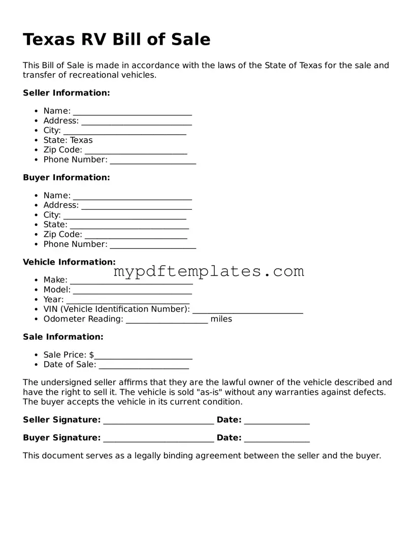 Free Texas RV Bill of Sale Template