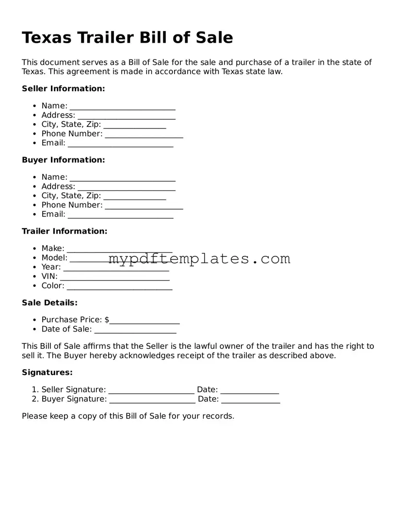 Free Texas Trailer Bill of Sale Template