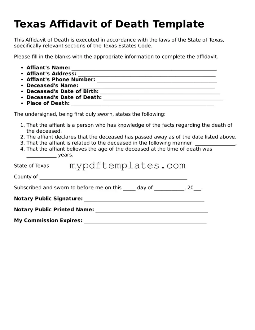 Free Texas Affidavit of Death Template