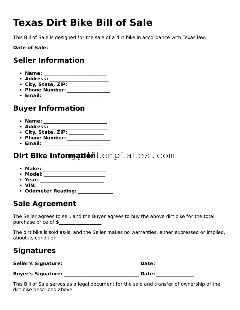 Free Texas Dirt Bike Bill of Sale Template