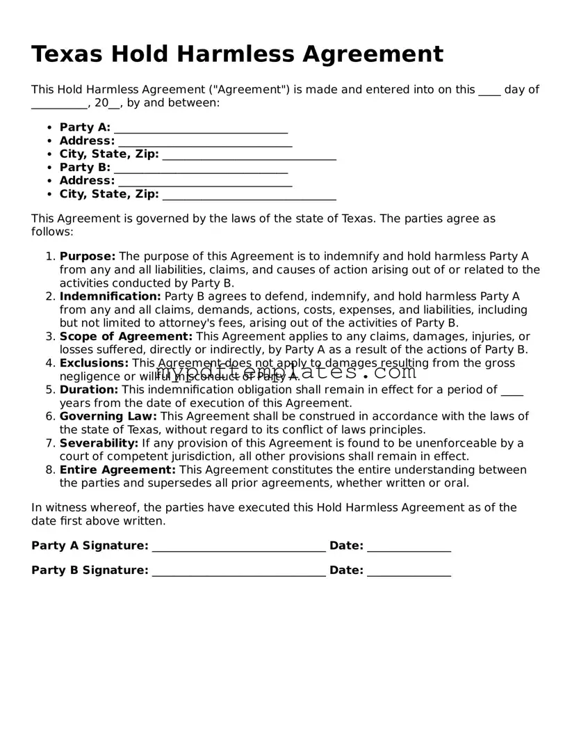 Free Texas Hold Harmless Agreement Template