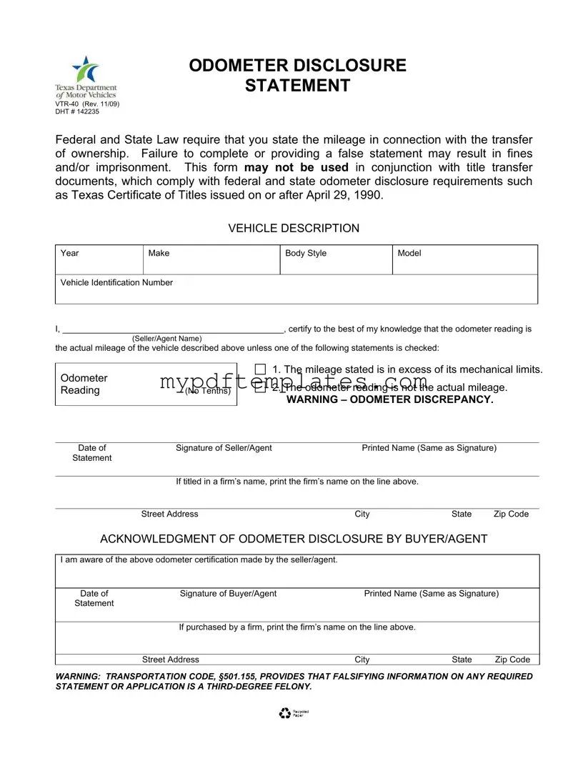 Fill Your Texas Odometer Statement Template