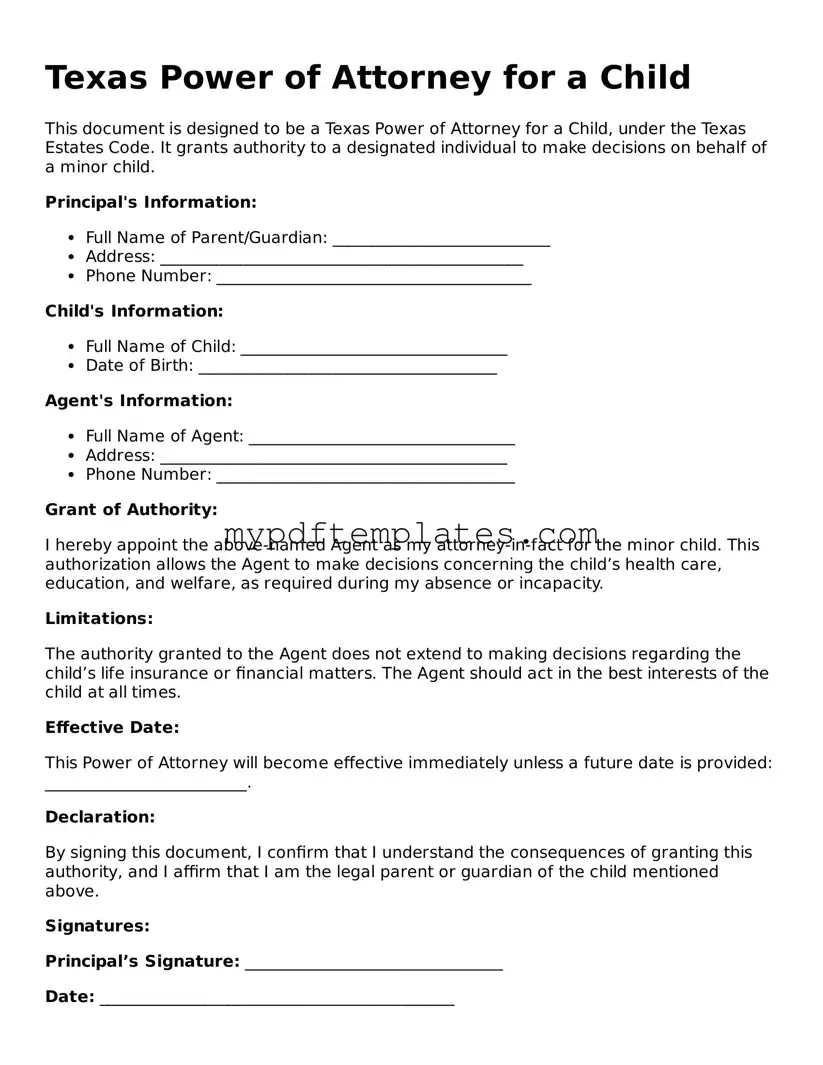 Free Texas Power of Attorney for a Child Template