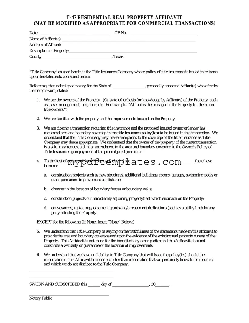 Fill Your Texas residential property affidavit T-47 Template