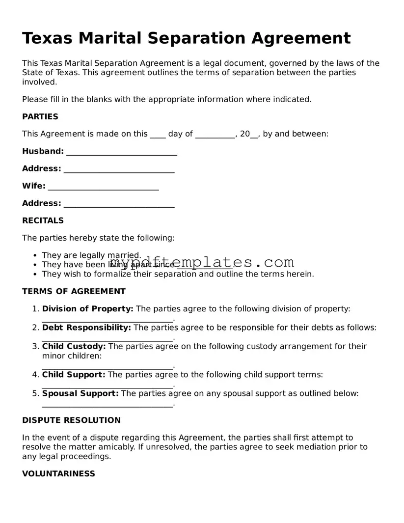 Free Texas Marital Separation Agreement Template