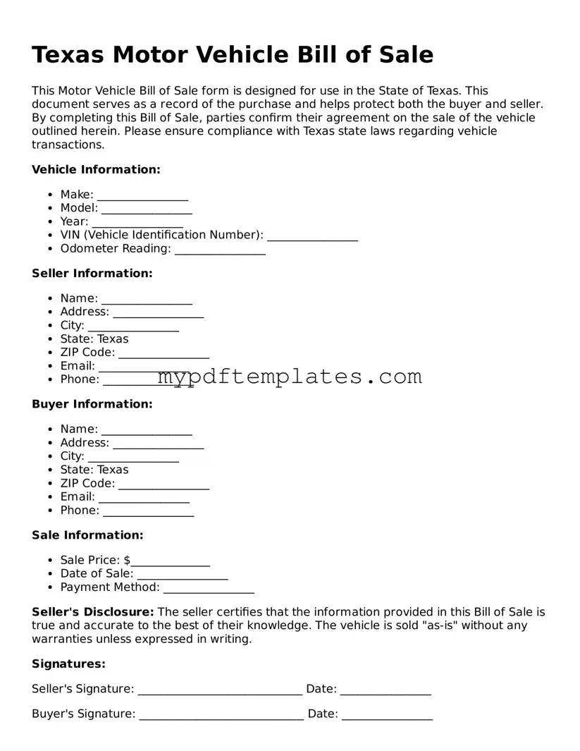 Free Texas Motor Vehicle Bill of Sale Template