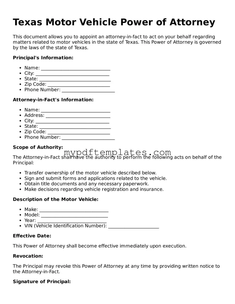 Free Texas Motor Vehicle Power of Attorney Template