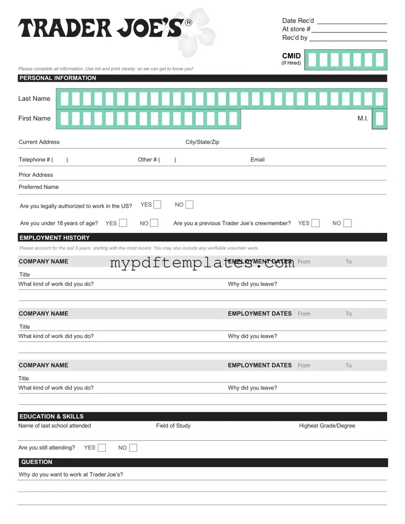 Fill Your Trader Joe's application Template