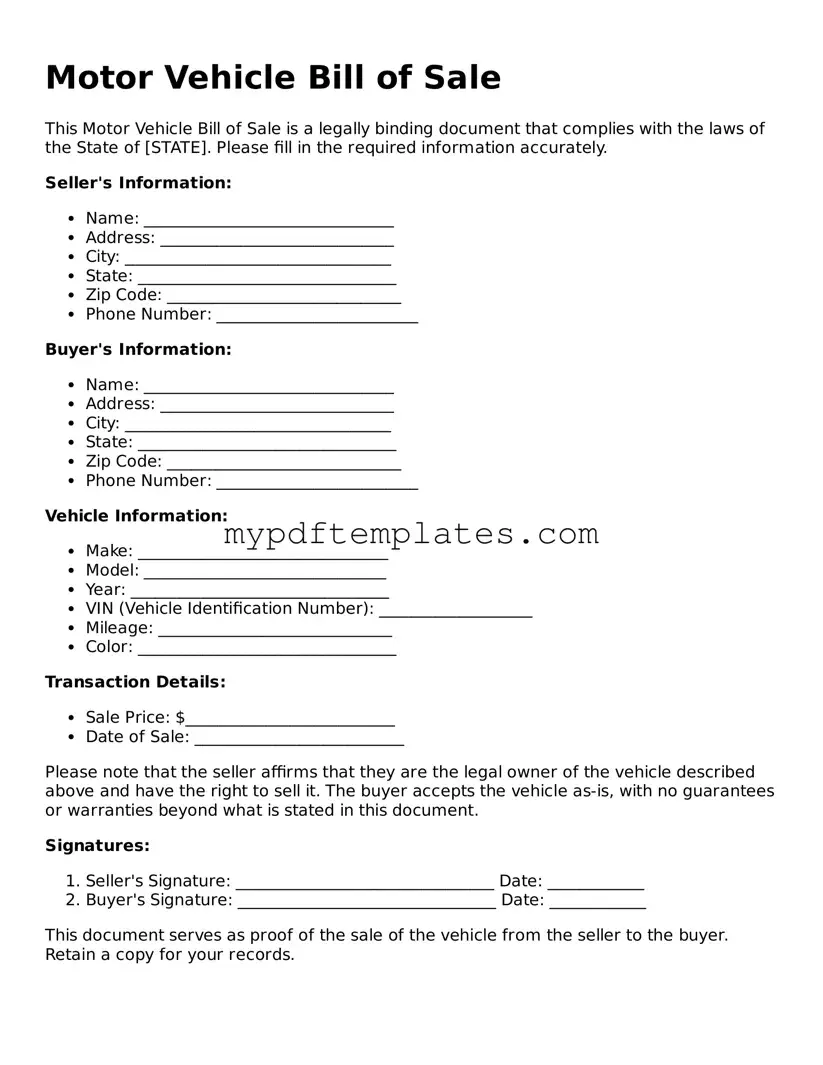 Blank Motor Vehicle Bill of Sale Form