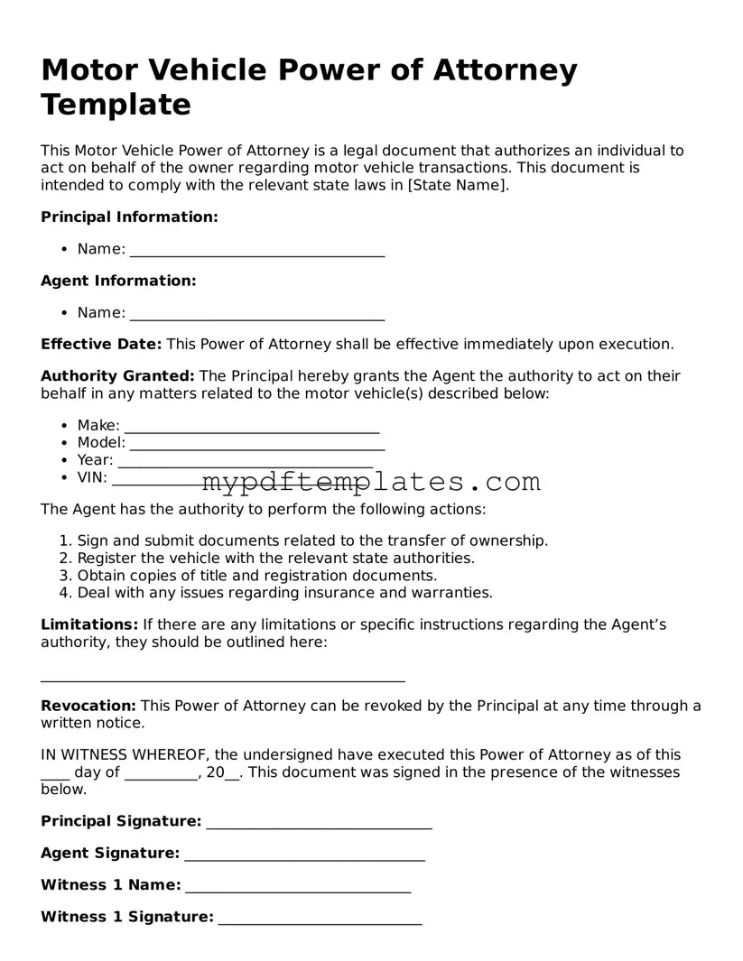 Blank Motor Vehicle Power of Attorney Form